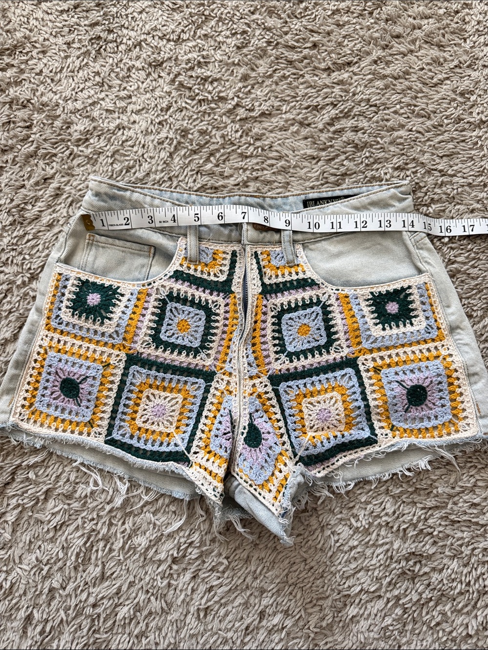 Blank NYC Crochet Panel Denim Shorts in Yellow, Green, Cream